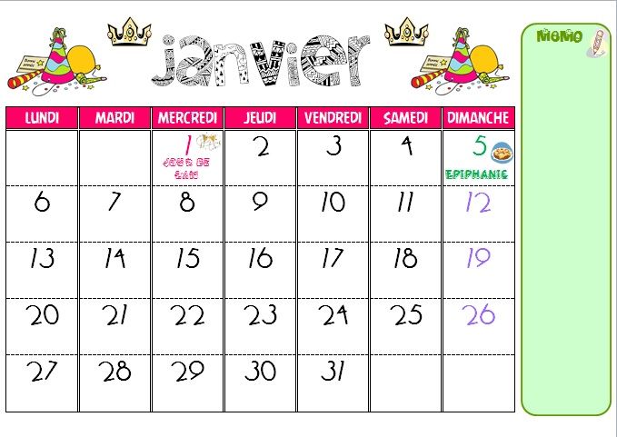 Janvier 2014." calendrier